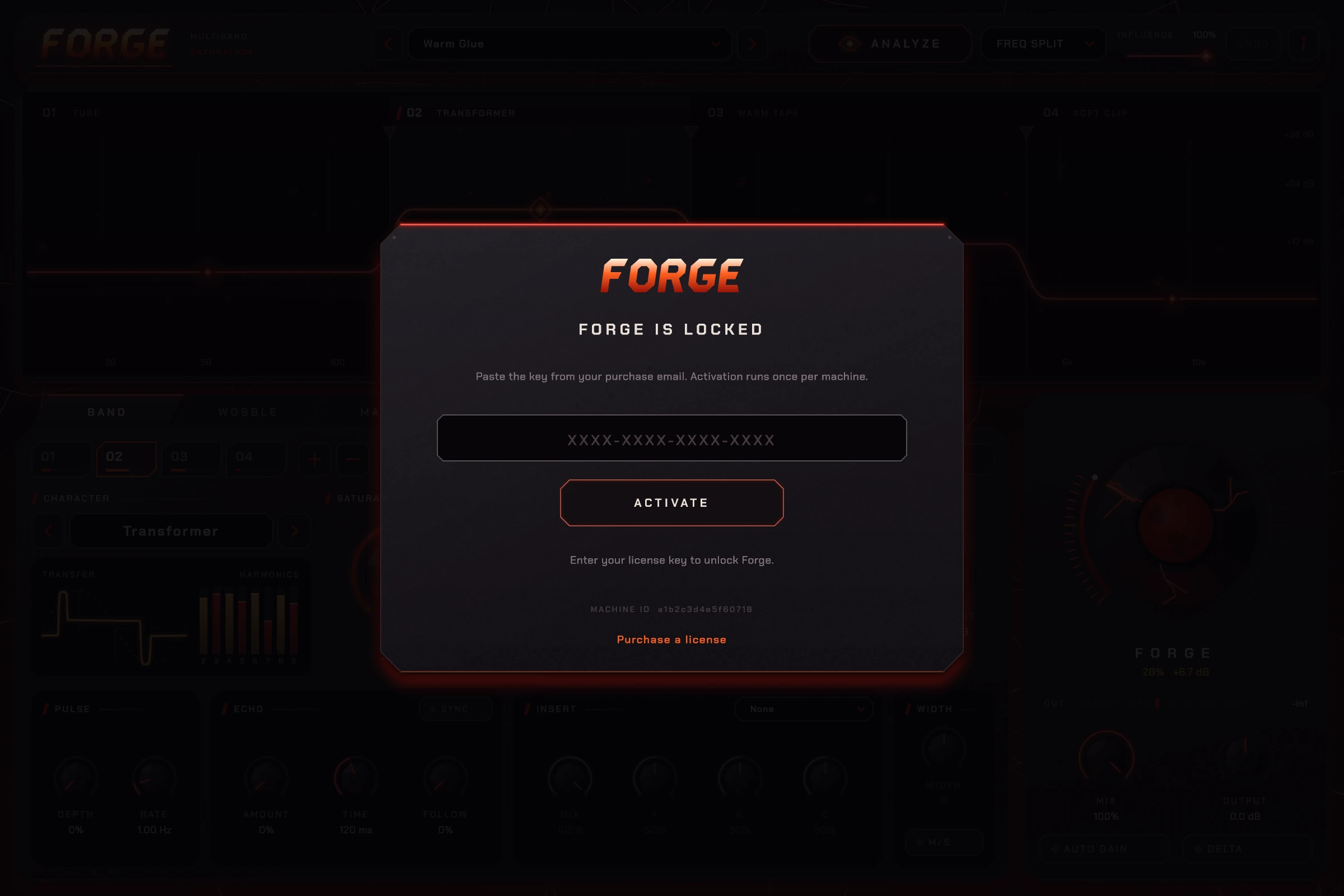 Forge's activation card: paste the key from your purchase email, then press Activate.