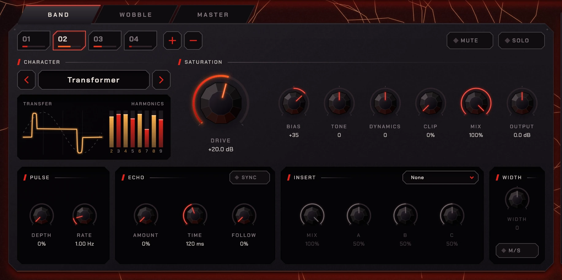 Forge's band deck: character with its transfer scope and harmonics, saturation knobs, and the Pulse, Echo, Insert and Width sections.