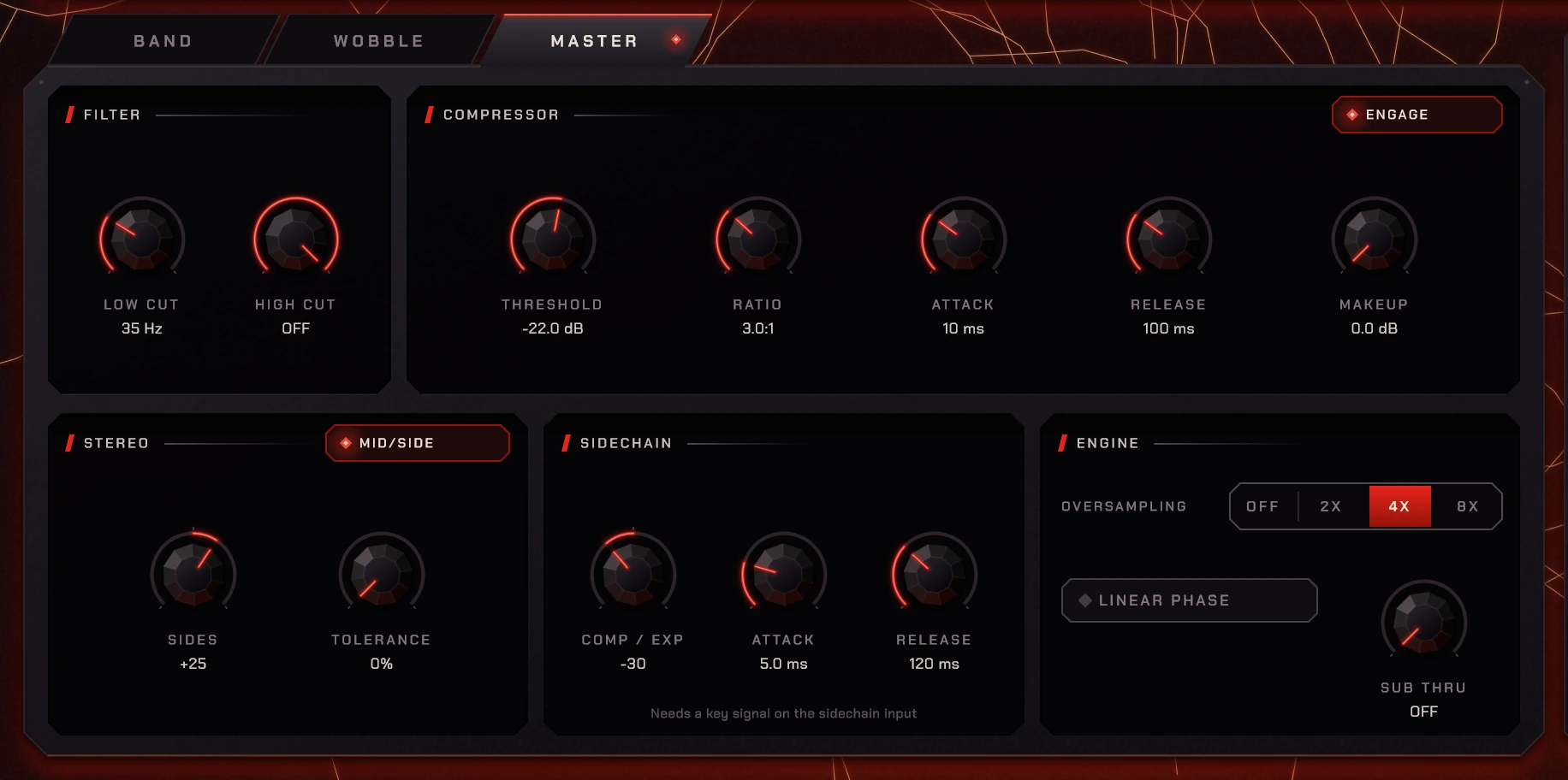 Forge's master deck: filter, compressor, stereo with Mid/Side, sidechain and engine oversampling.